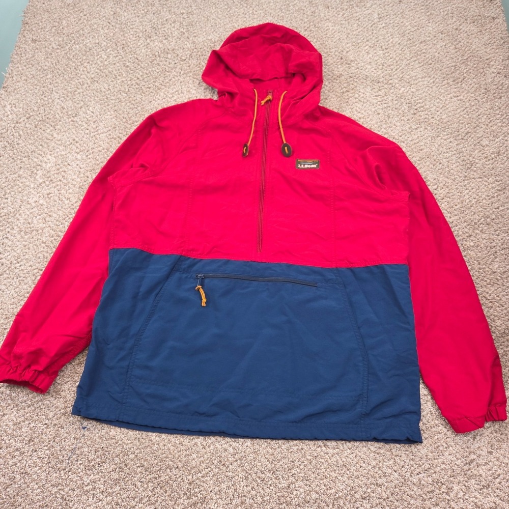 LL Bean Mens Jacket L-Tall Blue Red Zip Hooded Mountain Classic Colorblock Nylon